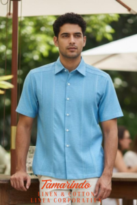 CAMIS DE LINO AZUL CIELO CABALLERO PARA CONVENCIONES Y MODA CORPORATIVA EN MEXICO